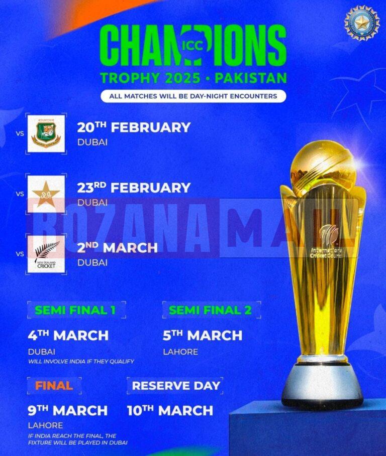 ICC ने रिलीज किया चैंपियंस ट्रॉफी का शेड्यूल: ओपनिंग मैच बांग्लादेश से खेलेगा भारत, 19 दिनों में 15 मैच खेलें जाएंगे, पढ़े